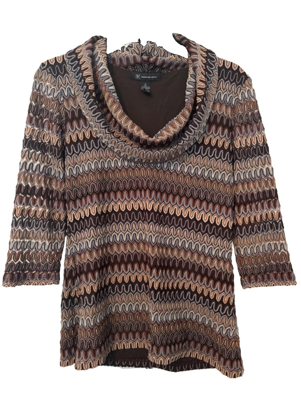 INC international concepts Brown Tan Cream Silver Wave-Pattern Cowl Neck Top